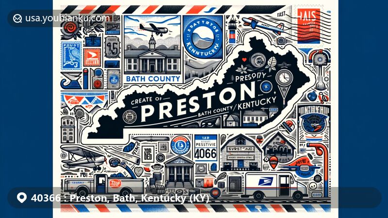 Modern illustration of Preston area, Bath County, Kentucky, featuring postal theme with ZIP code 40366, showcasing state symbols and postal elements like airmail envelope, stamps, and postal truck.