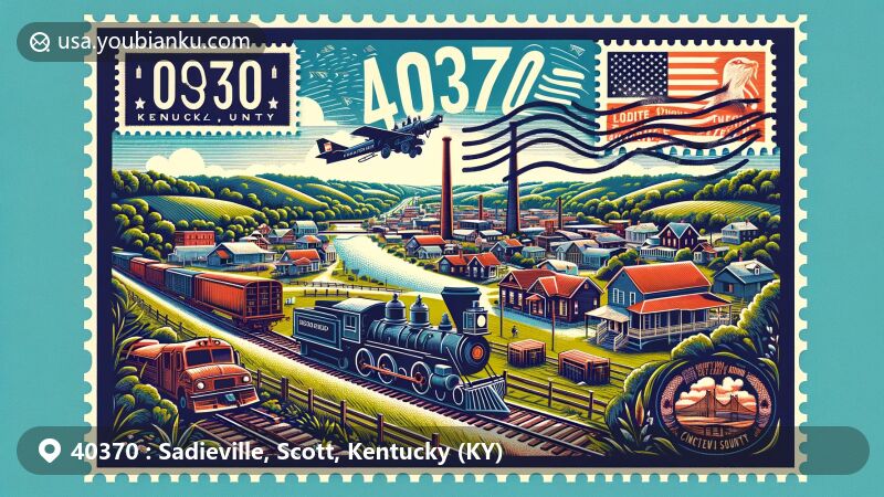 Modern illustration of Sadieville, Scott County, Kentucky, with rural charm and rolling hills, featuring elements symbolic of its history as a railroad town and artistic depiction of Eagle Creek. Kentucky state flag and ZIP code 40370 are integrated in a postcard design.