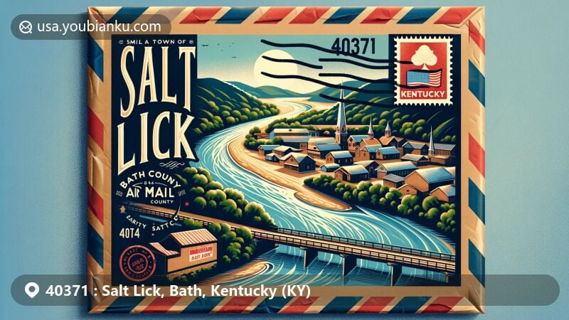 Artistic depiction of Salt Lick, Bath County, Kentucky, capturing the serene beauty of Licking River, blended with vintage air mail envelope design and the Kentucky state flag.