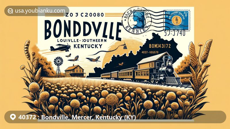 Modern illustration of Bondville, Mercer County, Kentucky, showcasing postal theme with ZIP code 40372, featuring Louisville Southern Railroad and Goldenrod, with vintage train and Kentucky state symbols.
