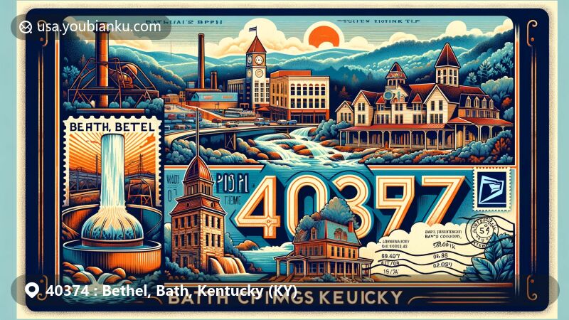 Modern illustration of Bethel, Bath County, Kentucky, capturing the essence of the Appalachian transition, historical iron industry, and Olympian Springs resort with healing mineral waters. Vintage postal card design features ZIP Code 40374, postage stamp, postmark, and iconic landmarks.