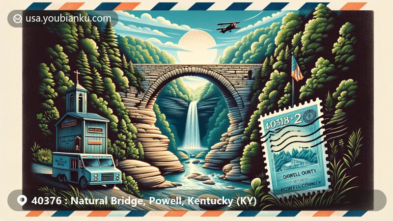 Modern illustration of the Natural Bridge in Powell County, Kentucky, showcasing the stunning sandstone arch within the lush Daniel Boone National Forest, featuring a postage stamp with ZIP code 40376, postmark, and Kentucky state flag.