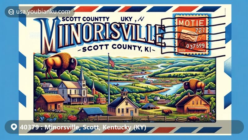 Modern illustration of Minorsville, Scott County, Kentucky, showcasing vintage air mail envelope with ZIP code 40379, featuring landscapes, landmarks, and historical elements.