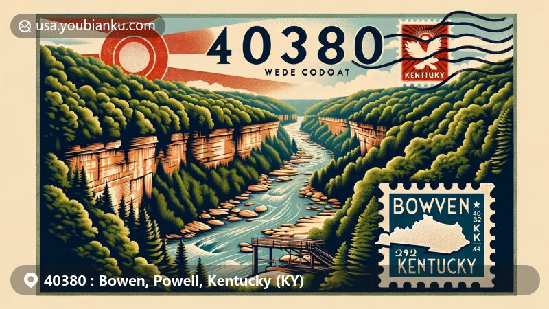Modern illustration of Bowen, Powell County, Kentucky, capturing the essence of ZIP code 40380, featuring Red River Gorge's lush landscapes, rivers, rock formations, and postal elements with Kentucky state flag stamp.