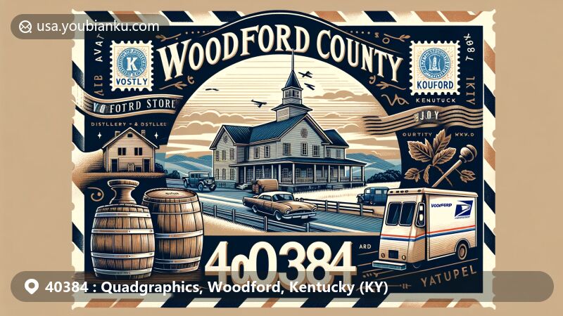 Modern illustration of Woodford County, Kentucky, featuring vintage air mail envelope with ZIP code 40384, bourbon barrels, and Jack Jouett House, set against bluegrass landscapes and sunrise.