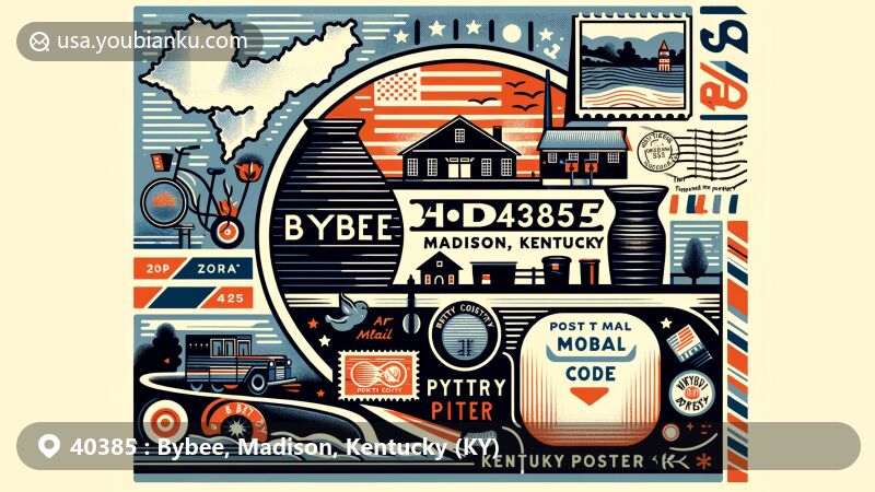 Modern illustration of Bybee, Madison County, Kentucky, highlighting local and postal elements, focusing on Bybee Pottery, a historic pottery company known for unique pieces and being one of the oldest in the US west of the Appalachian Mountains.
