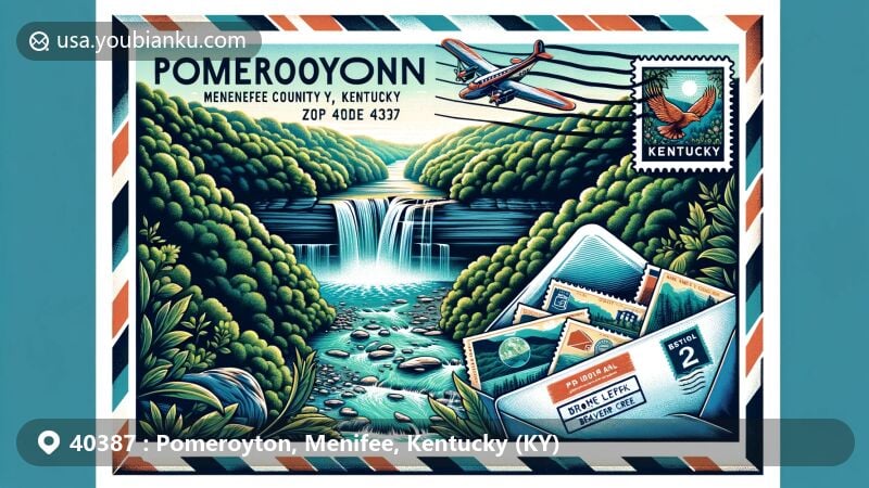 Modern illustration of Pomeroyton, Menifee County, Kentucky, showcasing natural beauty with Broken Leg Falls and Beaver Creek, featuring vintage airmail envelope with postal elements including Kentucky flag stamp and ZIP code 40387.