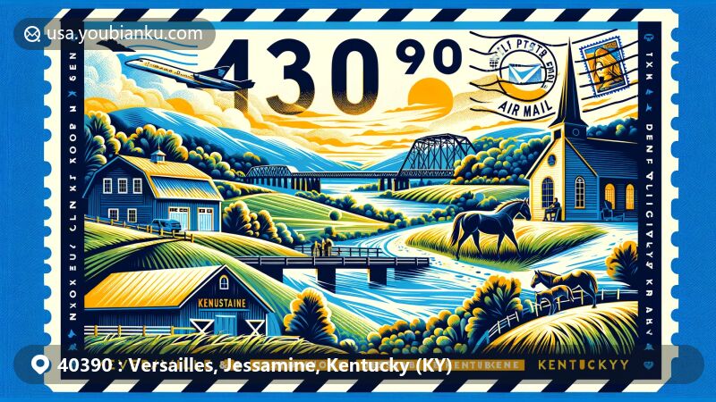 Modern illustration of Versailles and Jessamine, KY, showcasing bluegrass fields, High Bridge over Kentucky River, and horse farming legacy, framed in air mail envelope with ZIP code 40390.