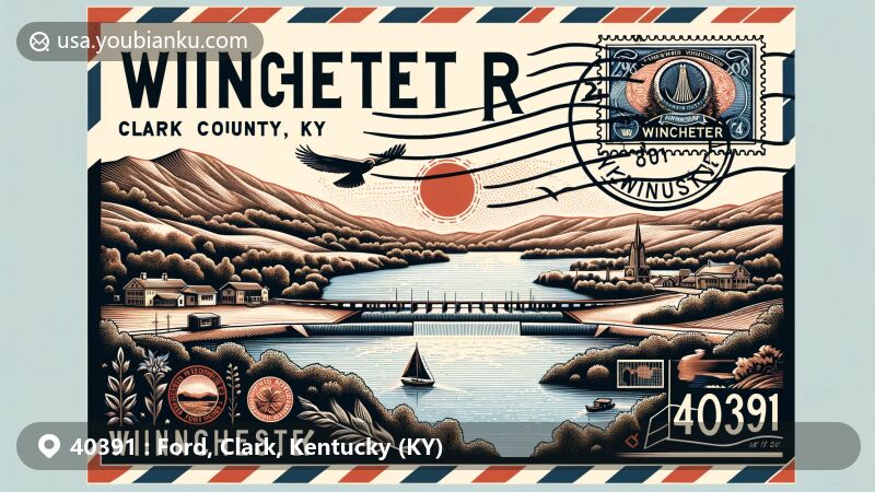 Modern illustration of Winchester, Clark County, Kentucky, highlighting ZIP code 40391 and featuring the Winchester Reservoir within a creative postal theme inspired by vintage air mail envelopes.