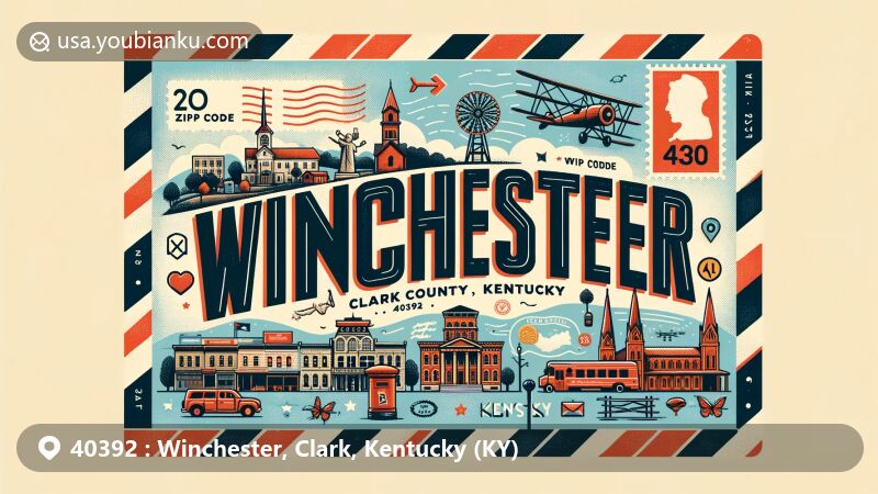 Modern illustration of Winchester, Clark County, Kentucky, featuring ZIP code 40392, showcasing iconic landmarks like historic downtown, Civil War Fort, and Beer Cheese Festival.