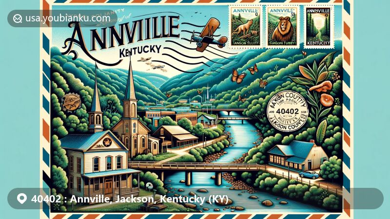 Modern illustration of Annville, Jackson County, Kentucky, highlighting the Annville Institute and Daniel Boone National Forest, featuring vintage air mail elements and ZIP code 40402.