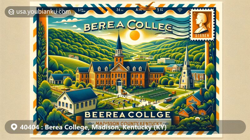 Modern illustration of Berea College in Madison County, Kentucky, highlighting postal theme with cultural landmarks like Boone Tavern and Union Church, set against lush Cumberland Plateau landscapes.
