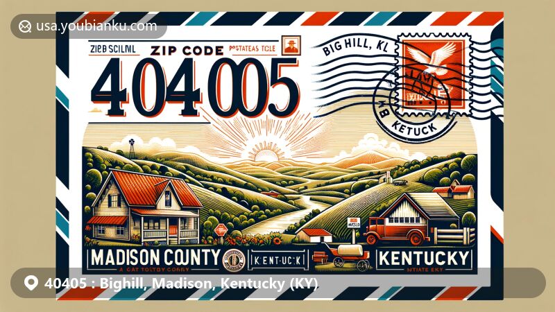 Modern illustration of Bighill, Madison County, Kentucky, capturing natural beauty and local identity, with rolling hills and rural elements, hinting at the area's charm and incorporating Kentucky symbols.
