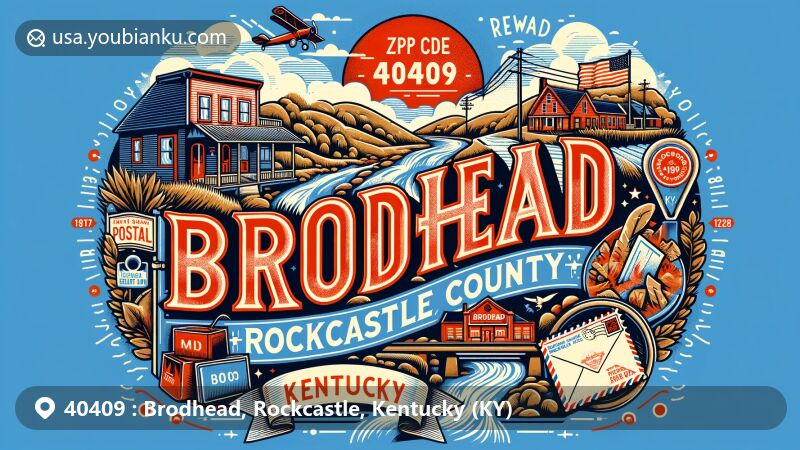 Modern illustration of Brodhead, Rockcastle County, Kentucky, capturing the charm of the town with a postal theme, showcasing the Dix River headwaters and main street, illustrating its historical role as a stagecoach stop and drover's stable.