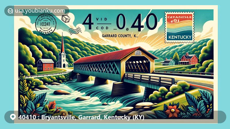 Modern illustration of Bryantsville, Garrard County, Kentucky, highlighting Camp Nelson Covered Bridge and postal theme with ZIP code 40410, depicting picturesque setting by the Kentucky River.