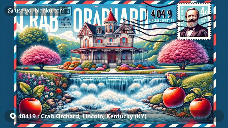 Modern illustration of Crab Orchard, Lincoln County, Kentucky, featuring iconic landmarks like Crab Orchard Springs and the historic William Whitley House, with postal elements such as a stamp and postmark reflecting ZIP code 40419.