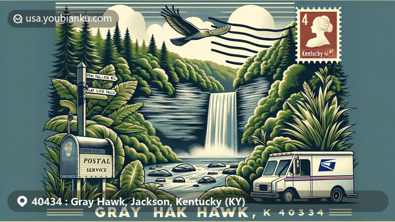 Modern illustration of Gray Hawk, Kentucky, featuring Flat Lick Falls in a vintage postcard style with postal elements, set in lush green surroundings.