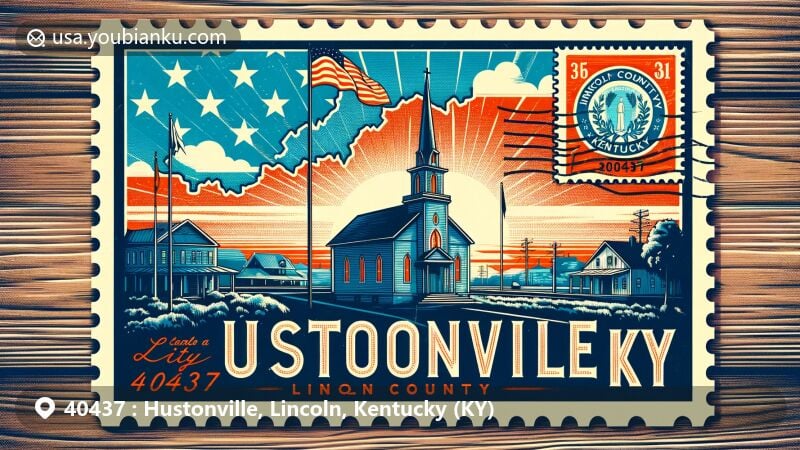 Modern illustration of Hustonville, Kentucky (KY) 40437, featuring state flag and Lincoln County silhouette, with historic church or rural landscape, postal stamp design, and vibrant colors.
