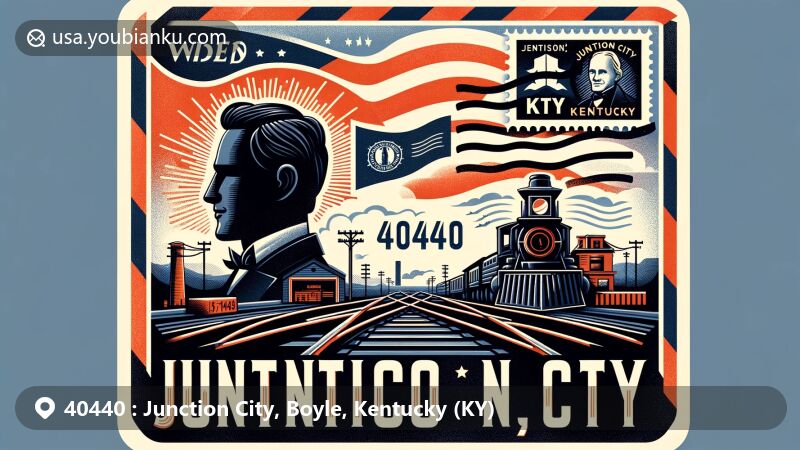 Modern illustration of Junction City, Kentucky, showcasing an intricately designed airmail envelope with the town's silhouette and its significance as a railroad junction.