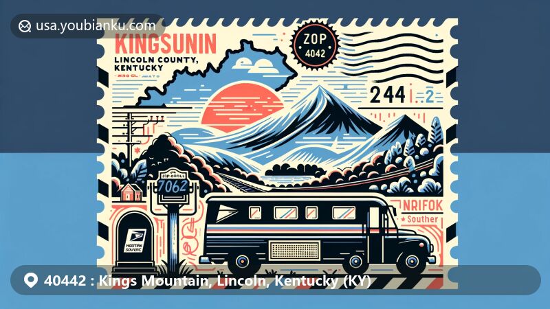 Modern illustration of Kings Mountain, Lincoln County, Kentucky, featuring postal theme with ZIP code 40442, showcasing state outline, hills, and railway.