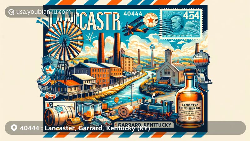 Modern illustration of Lancaster, Garrard County, Kentucky, showcasing natural beauty and cultural heritage, featuring historic mills, $250 million distillery, and postal elements with ZIP code 40444.