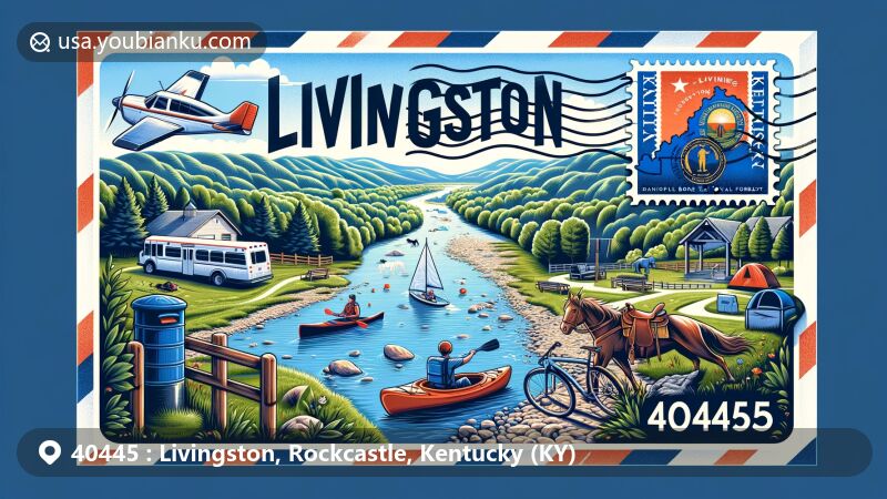 Modern illustration of Livingston, Rockcastle County, Kentucky, featuring postal theme with ZIP code 40445, showcasing natural landscapes and outdoor adventure elements.