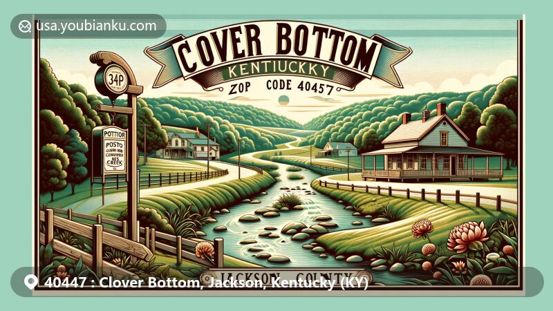 Modern illustration of Clover Bottom, Jackson County, Kentucky, showcasing postal theme with ZIP code 40447, featuring picturesque creek setting and vintage post office, reflecting community's history and natural beauty.