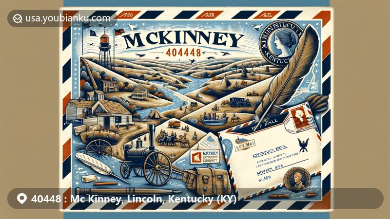 Modern illustration of McKinney, Lincoln County, Kentucky, capturing postal theme with ZIP code 40448, featuring historical Fort McKinney, Kentucky natural landscapes, and vintage postal motifs.