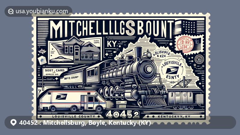Modern illustration of Mitchellsburg, Boyle County, Kentucky, featuring vintage train symbol and postal elements with ZIP code 40452, showcasing local history and postal themes.