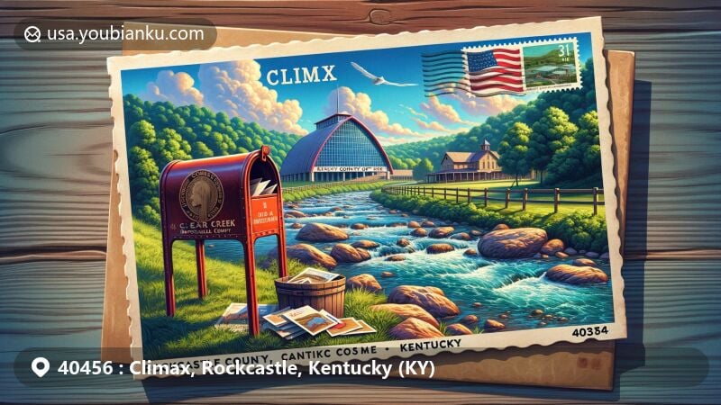 Modern illustration of Climax, Rockcastle County, Kentucky, featuring Clear Creek, iconic Kentucky Music Hall of Fame, vintage postcard with ZIP code 40456, and classic red mailbox.