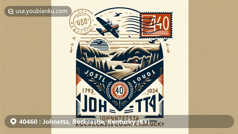Modern illustration of Johnetta, Rockcastle County, Kentucky, with a vintage air mail envelope featuring ZIP code 40460, showcasing Daniel Boone National Forest, rural landscapes, and postal elements like Kentucky state silhouette stamp.