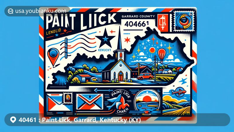 Modern illustration of Paint Lick, Garrard County, Kentucky, featuring a contemporary postcard design with postal theme and ZIP code 40461, showcasing rural landscapes and local landmarks like Paint Lick Presbyterian Church.