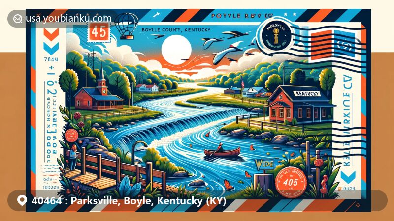 Modern illustration of Parksville, Boyle County, Kentucky, featuring tranquil Chaplin River and elements of Kentucky state flag, showcasing the community's close connection with nature. Designed in a contemporary art style of an airmail envelope, including stamps, postmarks, and ZIP Code '40464', aiming to add creativity and visual appeal to web pages.