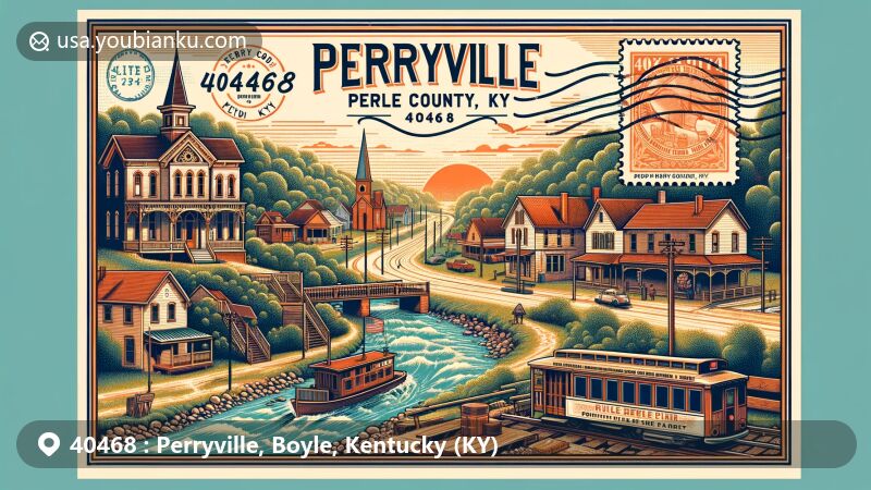 Modern illustration of Perryville area, Boyle County, Kentucky, showcasing rich history and landmarks like Perryville Battlefield State Park and Merchants' Row, blending local and postal elements with vintage stamp and postmark '40468 Perryville, KY'.