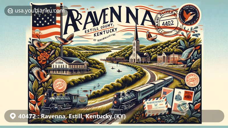 Modern illustration of Ravenna, Estill County, Kentucky, showcasing postal theme with ZIP code 40472, featuring the Kentucky River valley, Ravenna Veteran's Memorial Park, Louisville & Nashville Railroad influence, and vintage postal elements.