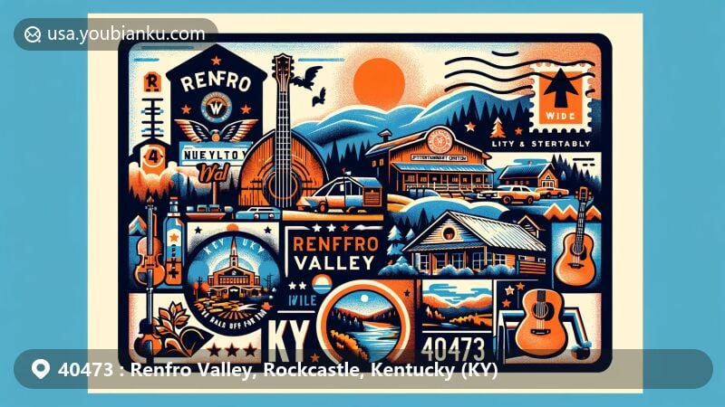 Vibrant illustration of Renfro Valley, Rockcastle County, Kentucky, blending country music and outdoor themes, featuring Renfro Valley Entertainment Center, Kentucky Music Hall of Fame, Daniel Boone National Forest, Lake Linville, and vintage postal elements with ZIP code 40473.