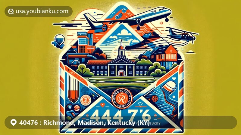 Modern illustration of Richmond, Madison County, Kentucky, highlighting postal theme with ZIP code 40476, featuring airmail envelope design symbolizing communication and connection.