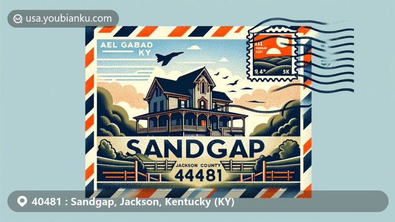 Modern illustration of Sandgap, Jackson County, Kentucky, with a focus on ZIP code 40481 and the Abel Gabbard House, featuring vintage postal elements and scenic Kentucky landscapes.