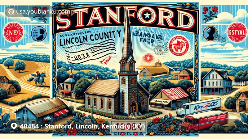 Modern illustration of Stanford, Lincoln County, Kentucky, highlighting postal theme with ZIP code 40484, featuring historic Presbyterian church, Lincoln County Fair, and Main Street shops, set against backdrop of Bluegrass landscape.