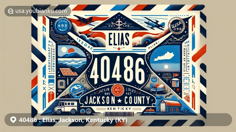 Modern illustration of Elias, Jackson County, Kentucky, inspired by vintage air mail envelope design, featuring artistic elements representing postal theme with ZIP code 40486 and Kentucky state flag.
