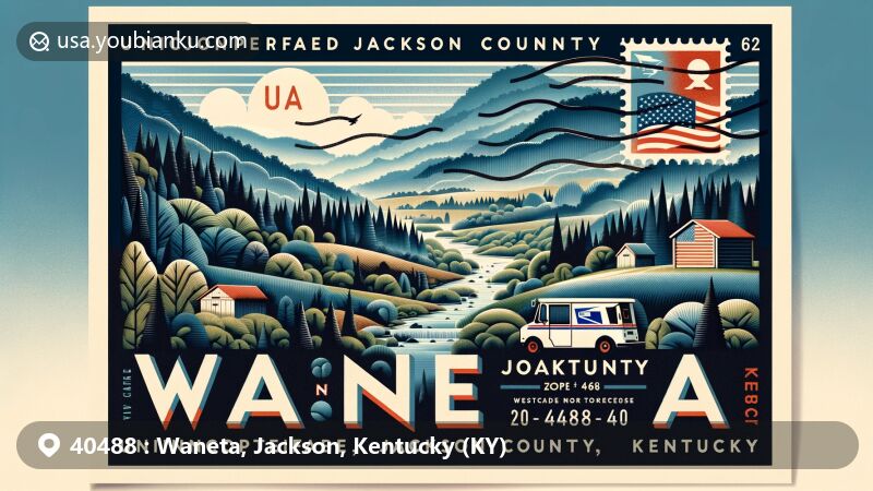 Modern illustration of Waneta, Jackson County, Kentucky, featuring postal theme with ZIP code 40488, showcasing natural beauty with forests and hills.