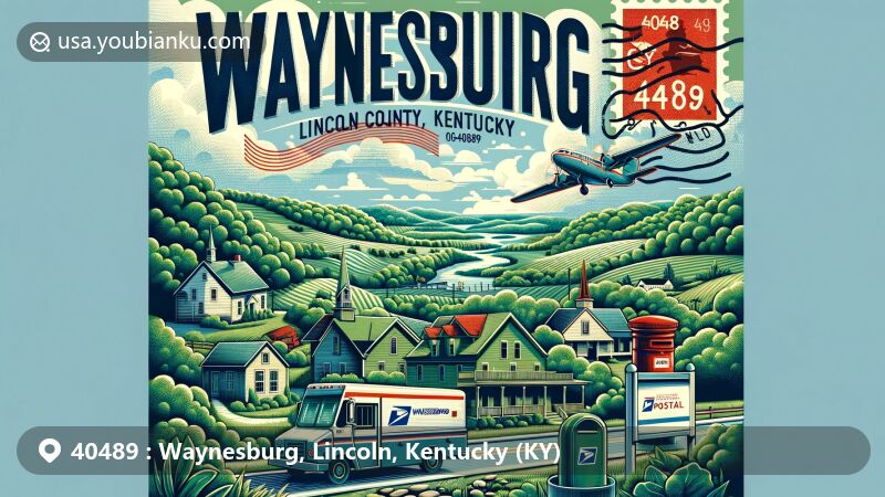 Modern illustration of Waynesburg, Lincoln County, Kentucky, featuring ZIP code 40489, showcasing Southern Kentucky's humid subtropical climate and vibrant landscapes, incorporating postal themes with vintage-style postcard design and postal symbols.
