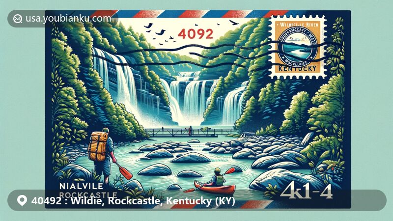 Modern illustration of Wildie, Rockcastle, Kentucky, showcasing natural beauty and landmarks, including Rockcastle River Trail, dense forests, and stunning waterfalls, with postal theme elements like a vintage air mail envelope and Kentucky state flag stamp.