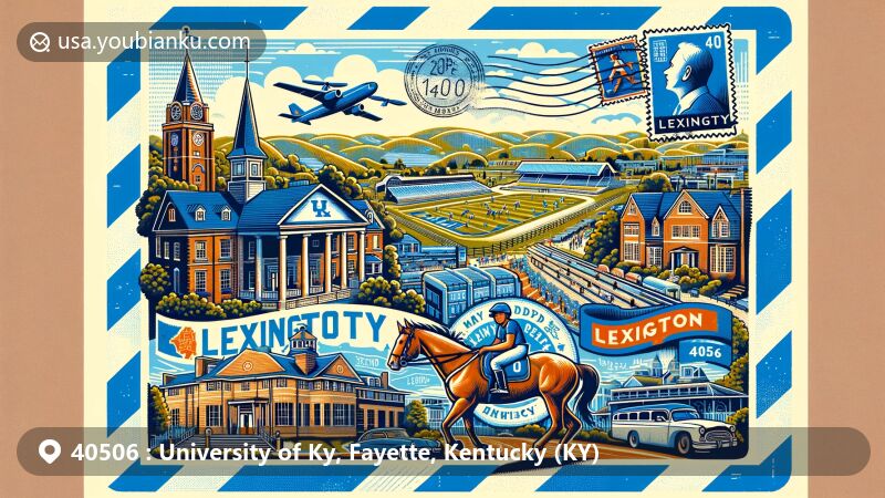 Modern illustration of Lexington, Kentucky, embodying ZIP code 40506, highlighting University of Kentucky's athletic tradition and iconic landmarks like Kentucky Horse Park, Mary Todd Lincoln House, and Keeneland Racecourse.