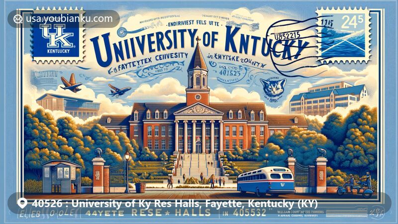 Modern illustration of Fayette County, Kentucky, featuring University of Kentucky Res Halls and iconic William T. Young Library, with postal theme for ZIP code 40526.