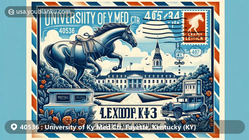Modern illustration of University of Ky Med Ctr, Fayette, Kentucky, highlighting 40536 ZIP code area with horse culture, Ashland estate, and Big Blue Building.