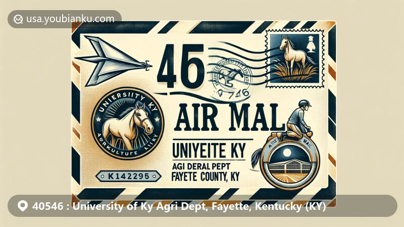 Modern illustration of Fayette County, Kentucky, featuring air mail envelope with ZIP code 40546 and University of Kentucky Agriculture Department symbols, highlighting Kentucky Horse Park.