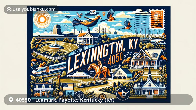 Modern illustration of Lexington, Kentucky area with ZIP code 40550, featuring postal theme with iconic landmarks like Kentucky Horse Park, Mary Todd Lincoln House, and symbols of the state such as a northern cardinal and a thoroughbred horse.