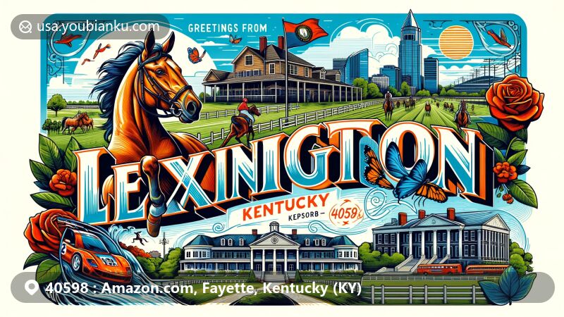 Modern illustration of Lexington, Kentucky, featuring Kentucky Horse Park, Mary Todd Lincoln House, Keeneland Racecourse, Roots and Heritage Festival, Waveland State Historic Site, Lexington skyline, and lush Bluegrass landscapes with ZIP code 40598.
