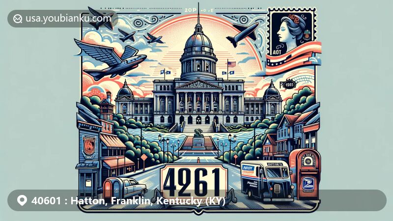 Modern illustration of Hatton, Franklin County, Kentucky, highlighting postal theme with ZIP code 40601, featuring Gothic architecture of the Kentucky Old State Capitol Building.